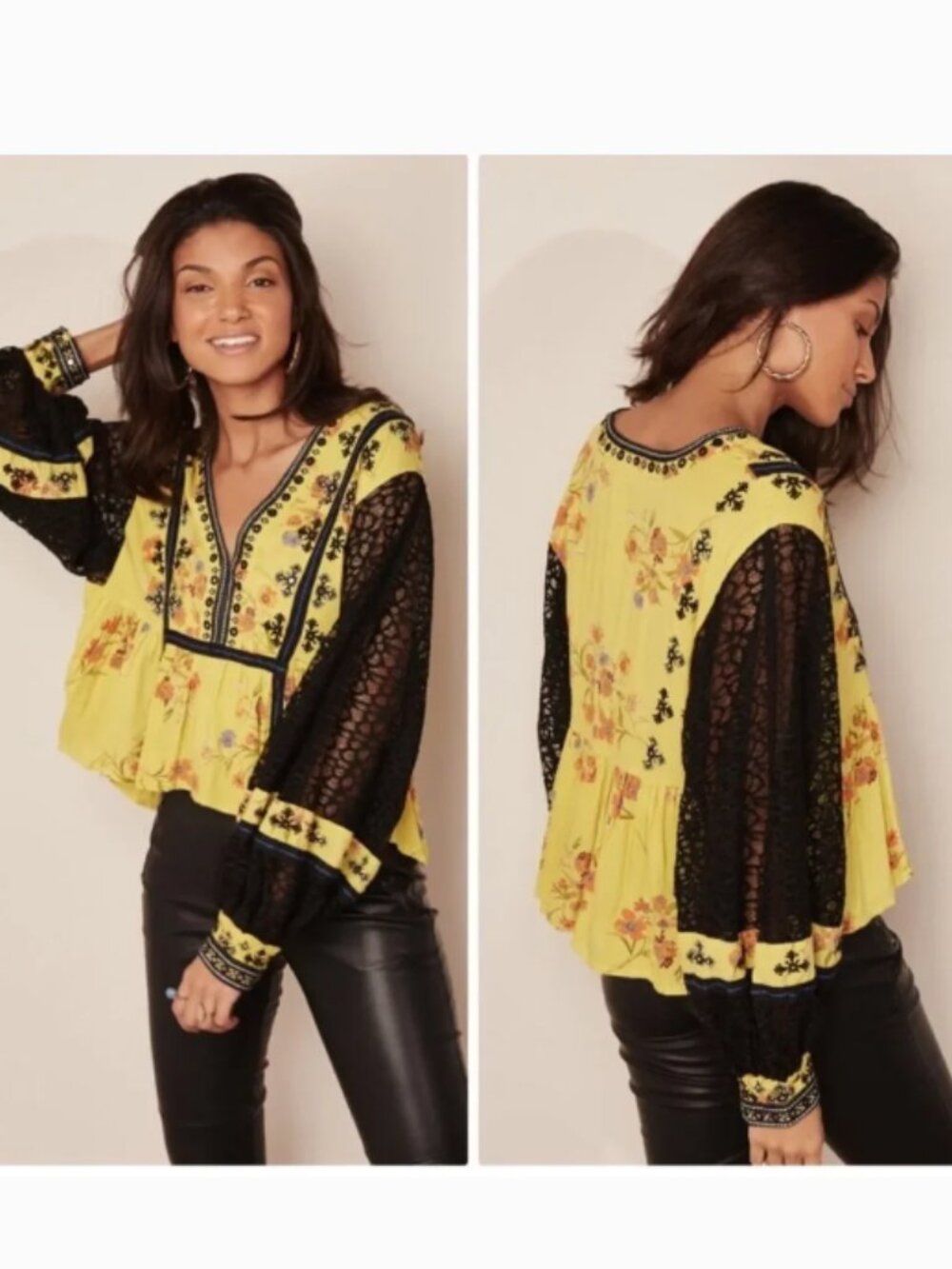 Free People Boogie All Night Embellished Floral Blouse Yellow/Black